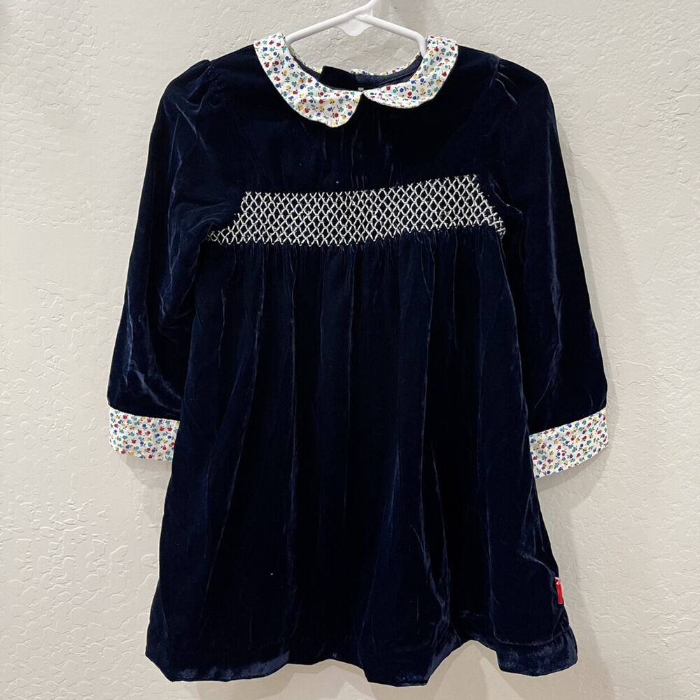 Little Bird by Jools Oliver Blue Crushed Velvet Smocked Peter Pan Collar Dress